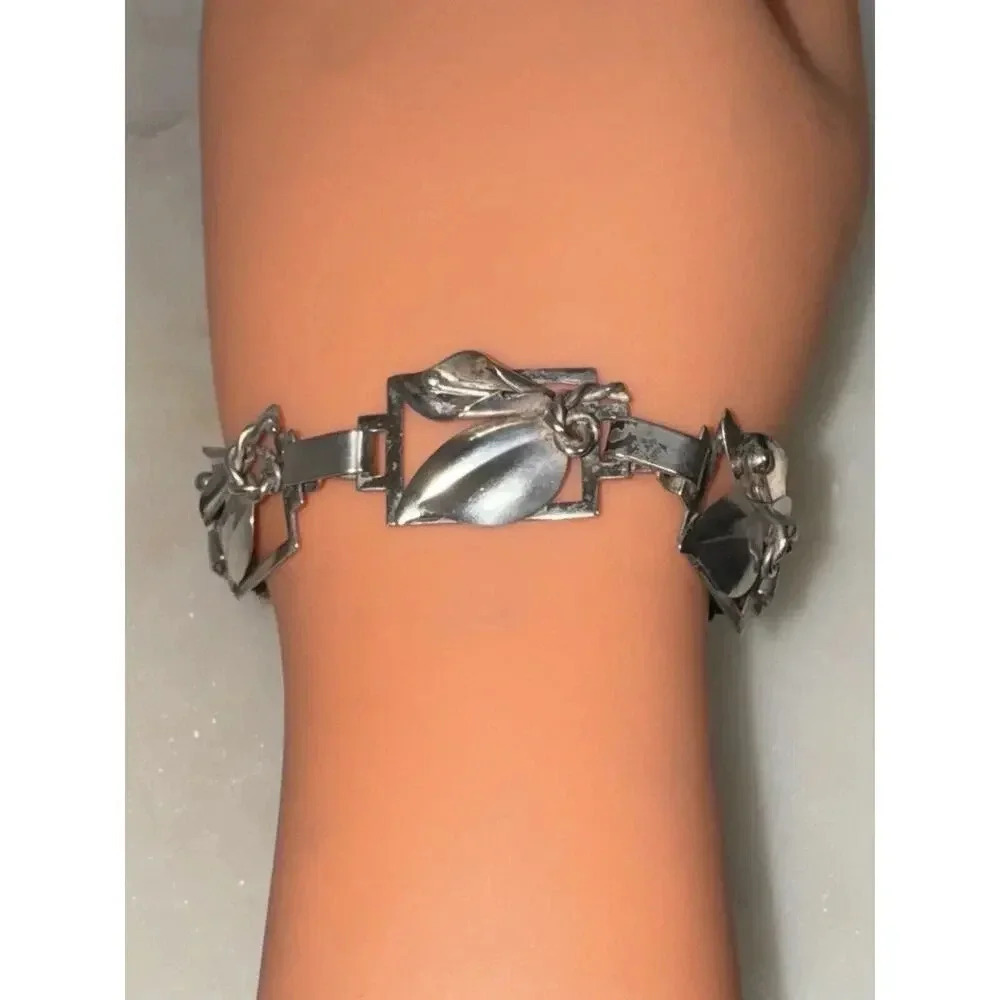 Antique Arts & Crafts Era Sterling Silver 925 Oak Leaf Link Panel Bracelet